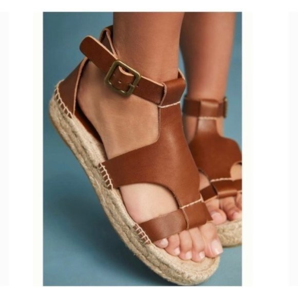 Soludos Banded Shield Espadrille Sandals 7 Tan Leather Ankle Strap Gladiator - Picture 2 of 12